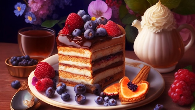 Tiramisu cake with lady finger cookies and berries with a cup of tea and flowers