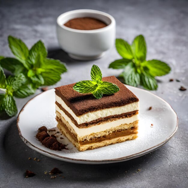 Photo tiramisu cake with mascarpone cream and mint square