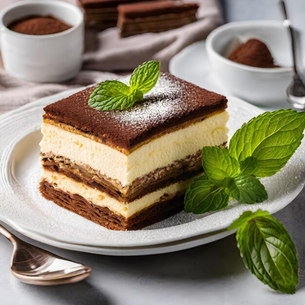 Photo tiramisu cake with mascarpone cream and mint square