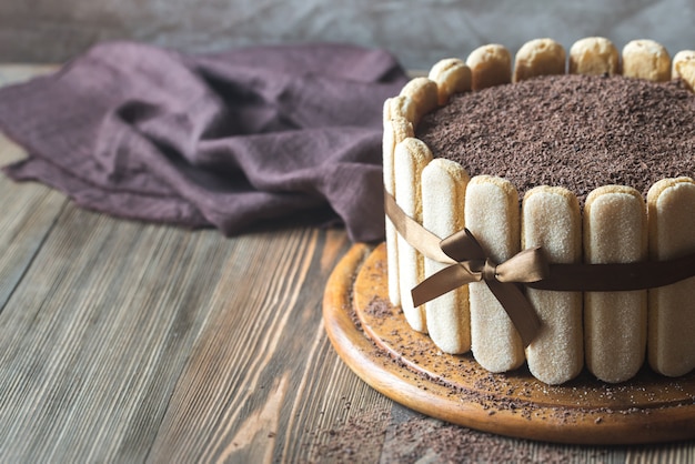 Tiramisu cake on the wooden board