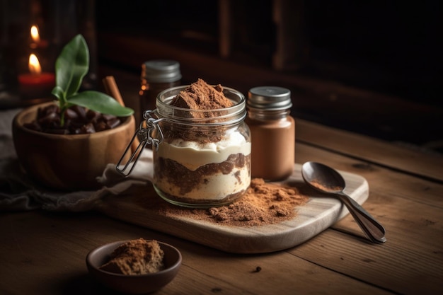 Tiramisu desert served in a jar on wooden table