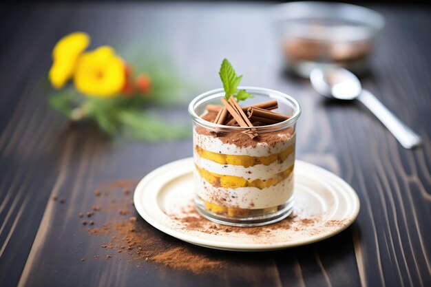 Tiramisu dessert in a clear glass with cocoa powder topping