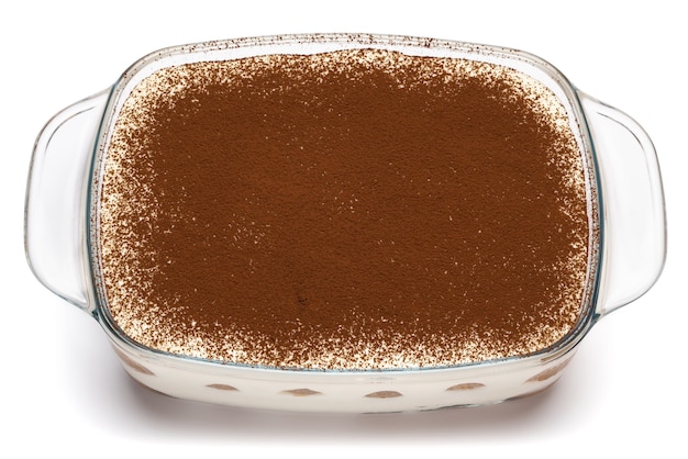 Tiramisu dessert in glass baking dish