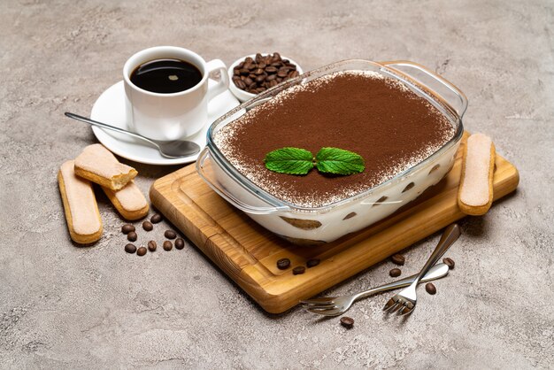 Tiramisu dessert in glass baking dish