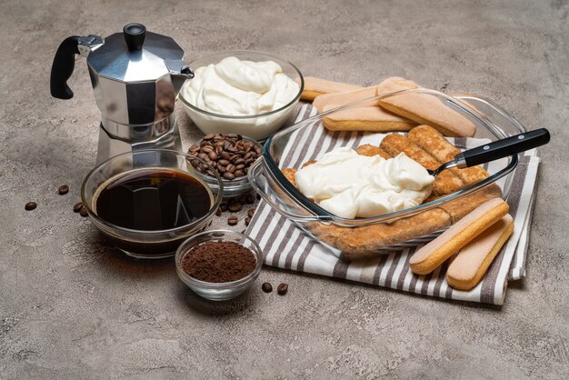 Tiramisu dessert in glass baking dish