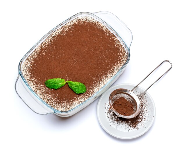 Tiramisu dessert in glass baking dish