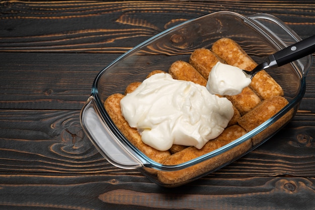 Tiramisu dessert in glass baking dish