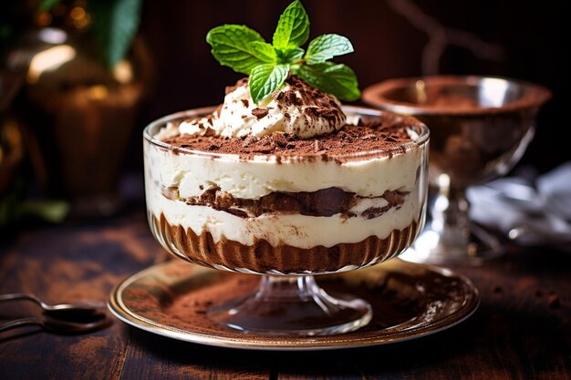 Tiramisu geserveerd op een wit bord met een kop espresso op de achtergrond