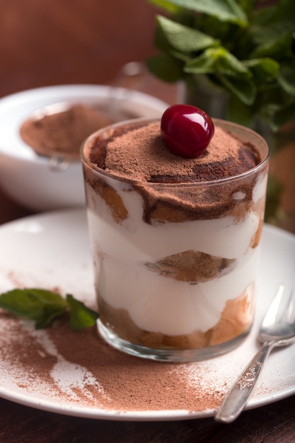 Tiramisu in a glass cup