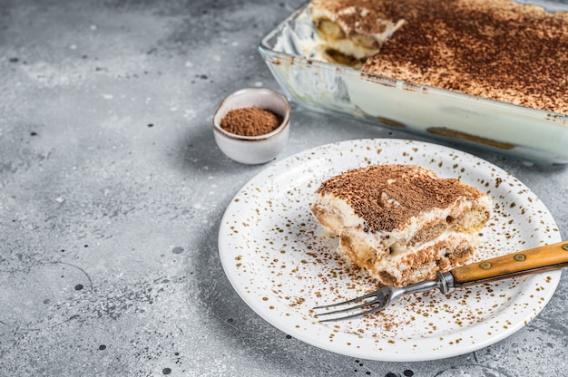 Tiramisu Italian dessert topped with cocoa on a plate. Gray background. Top view. Copy space.