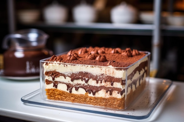 A tiramisu pastry on a bakery shelf