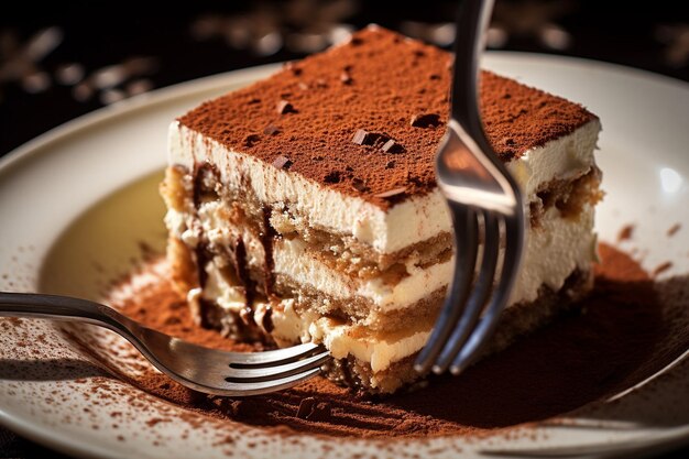 Foto tiramisu proeven closeup van vork met een hapje