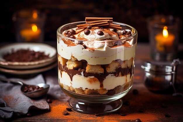 Tiramisu served on a white plate with a cup of espresso in the background