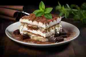 Photo tiramisu slice on a dessert platter with fruit coulis