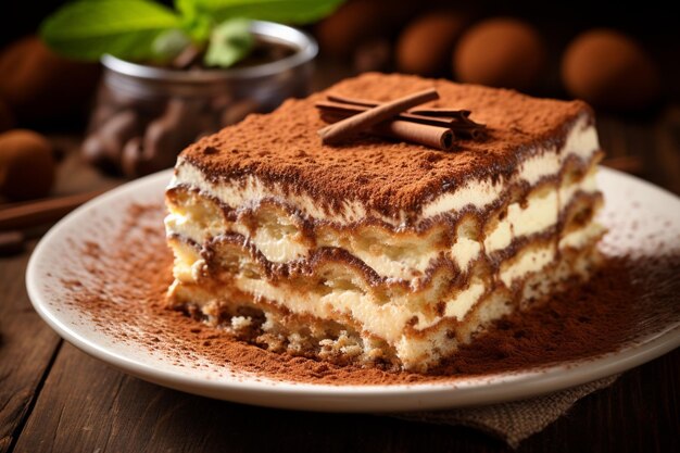 Tiramisu slice on a dessert platter with fruit coulis