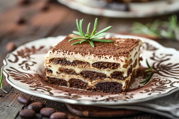 Tiramisu slice on a vintage dessert platter