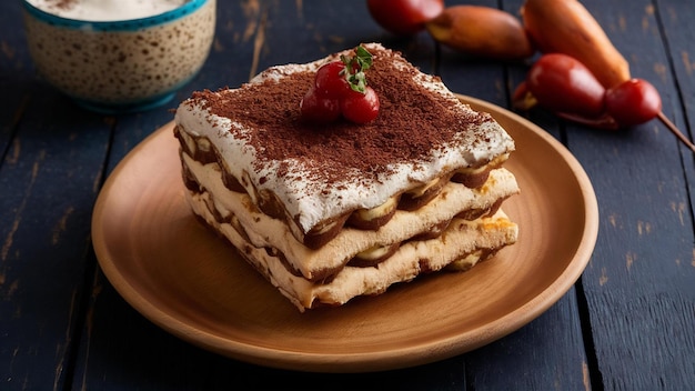 Tiramisu slice on a wooden platter