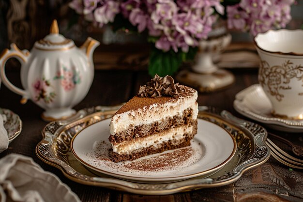 Tiramisu-snijd op een vintage dessertbak met zilverwerk