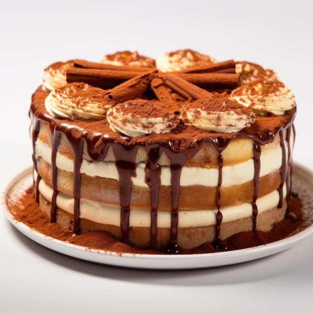Tiramisu taart met chocoladensiroop versierd dessert