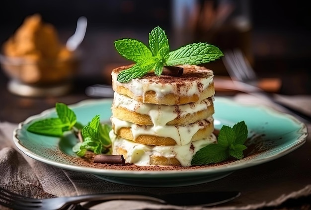 Tiramisu taarten met munt op tafel