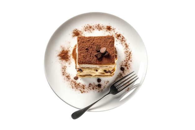 Foto tiramisù sul piatto bianco su sfondo bianco direttamente sopra la vista