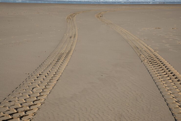Tire car Tracks in the Beach Sand desert coast
