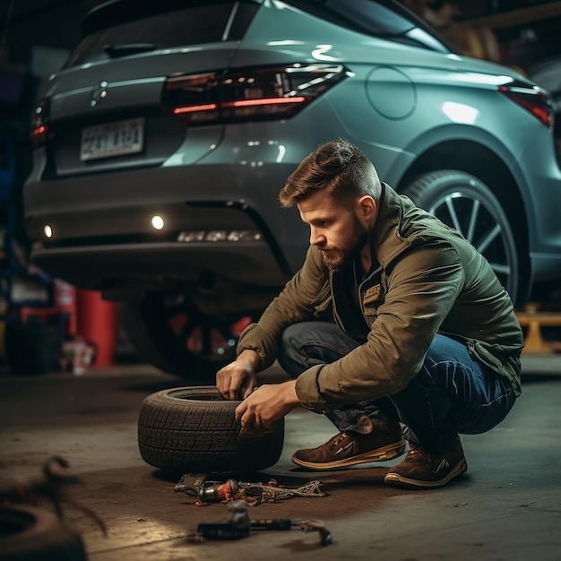 Tire Change Adult Mechanic at Work