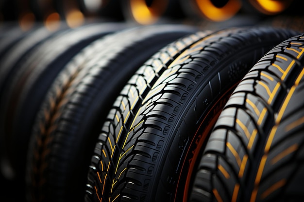 Tire emporium Close up of bulk car tires in shop showcasing variety