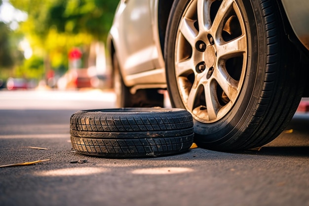 路上で車の隣の地面にタイヤを置く生成AI