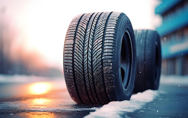 A tire on the ground in the snow