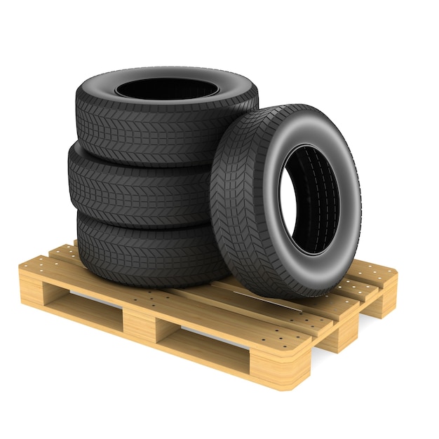 Tire and pallet on white background. Isolated 3D illustration