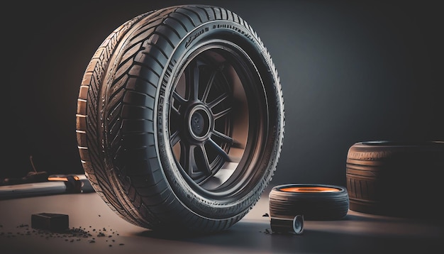 서비스 차고 배경 수리 시 타이어 안전 도로 여행을 위해 겨울 및 여름 타이어 교체