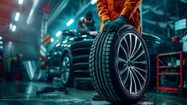 tire at repairing service garage background Technician man replacing winter and summer tire for saf