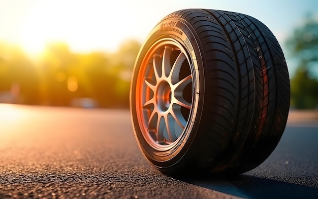 A tire on the road with the sun setting behind it