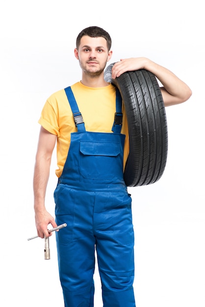 Tire serviceman isolated on white background