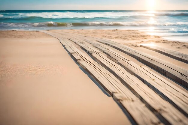 Tire tracks on the beach with the sun setting behind them.