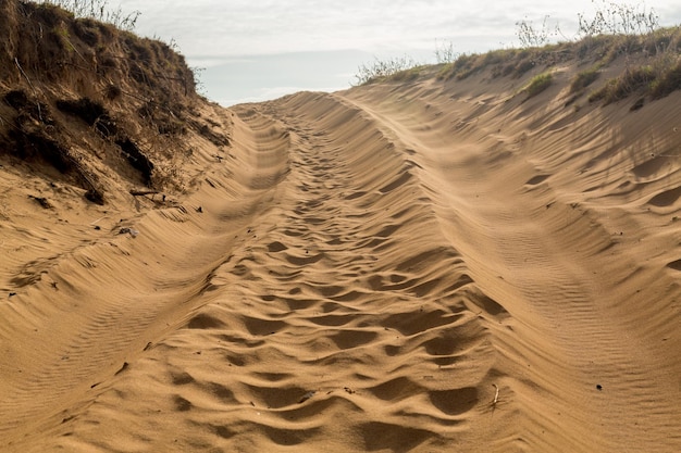 Tire tracks in sand dunes over hill