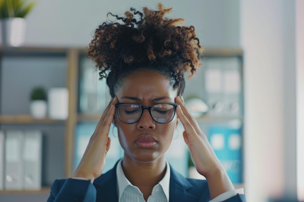 Tired african american business woman with headache at office feeling sick at work copy space