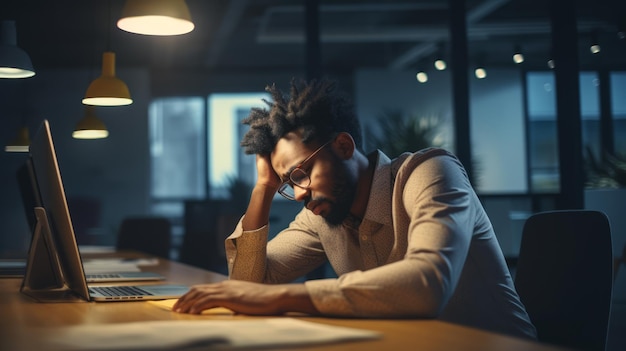 Photo tired african american professional with glasses at his desk in a modern office work fatigue concept generative ai