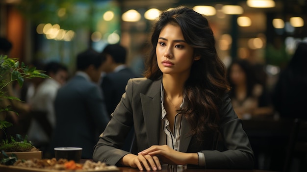 Tired asian woman sitting in office