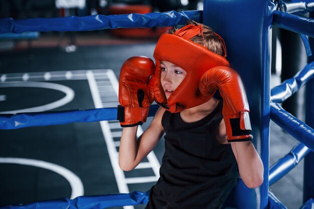 Tired boy in protective equipment leaning on the knots of boxing ring.