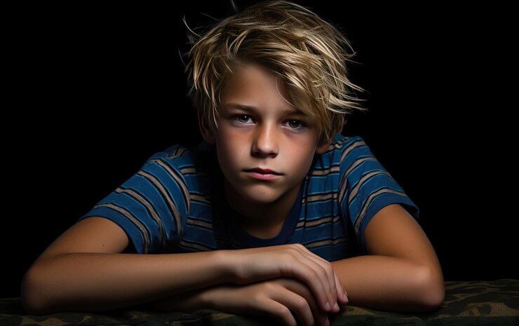 Tired Boy With Long Hair Isolated on a White Background