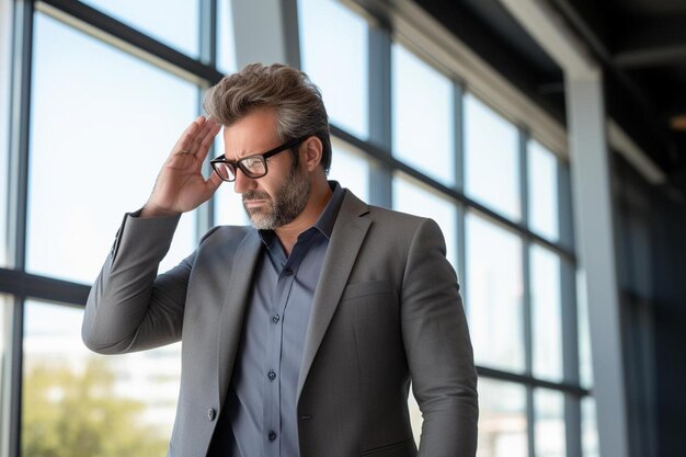 Photo tired business man suffering from headache at work mid man entrepreneur feeling stressed while