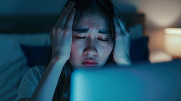 Photo tired business woman rubbing her eyes with computer in the bed doing work on laptop at night mixed race asian chinese model