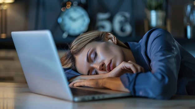 Tired businesswoman sleeping on a laptop with a clock in the background