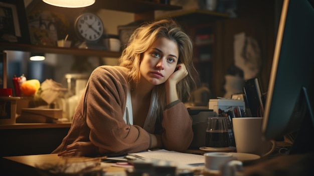 Tired businesswoman streching while working overtime from home kitchen