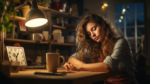 Tired businesswoman streching while working overtime from home kitchen