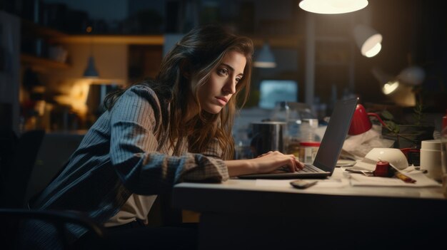 Photo tired businesswoman streching while working overtime from home kitchen