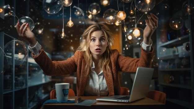 Photo tired businesswoman streching while working overtime from home kitchen