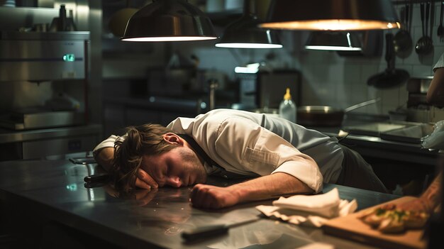 피곤한 요리사 노동자가 식당의 부에서 작업 시간 동안 잠들었다.